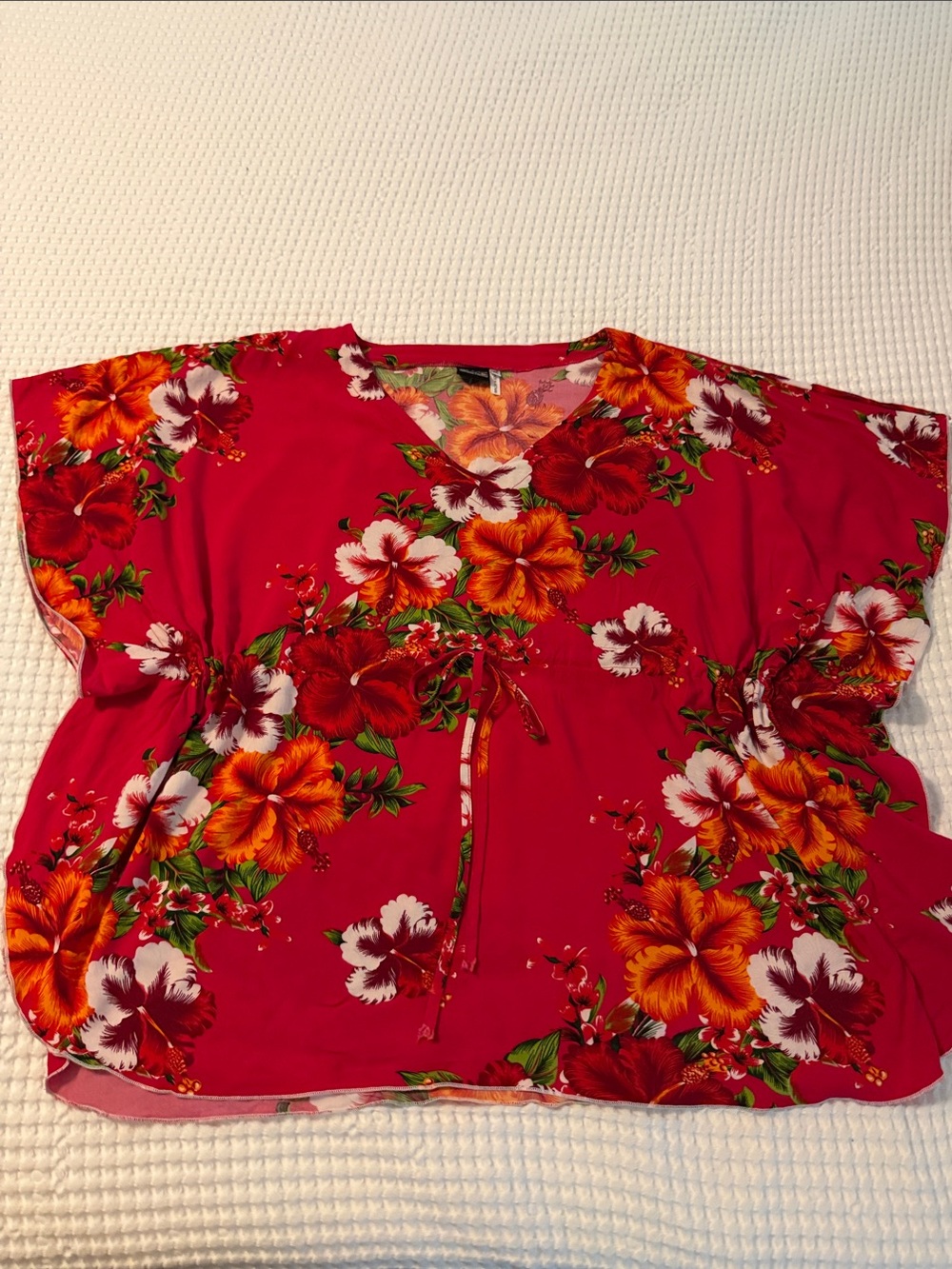 Women’s Bright Pink Floral V-Neck Drawstring Waist Top